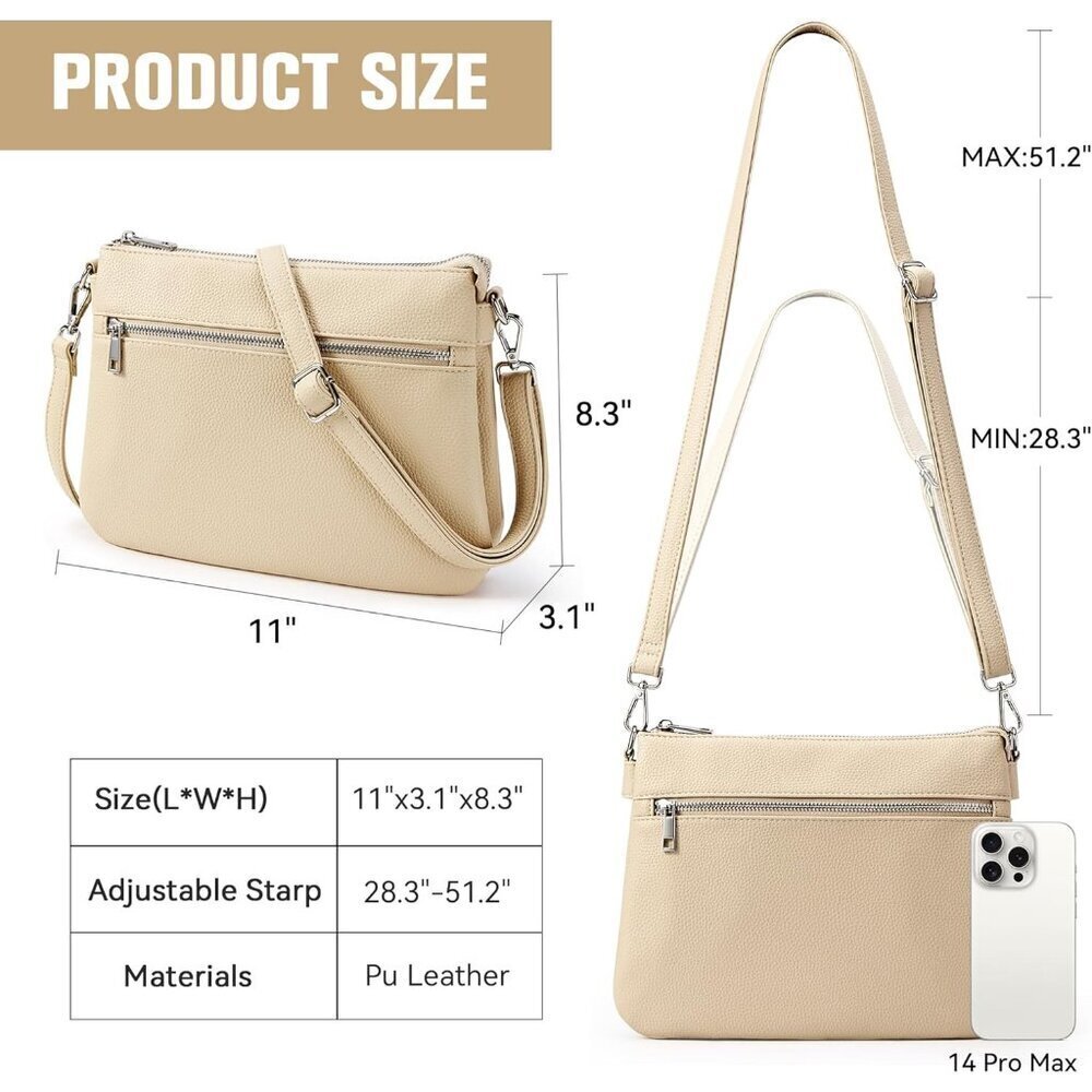 Vegan Leather Crossbody Bag Multi Pocket Zipper Shoulder Work Travel - Picture 3 of 7